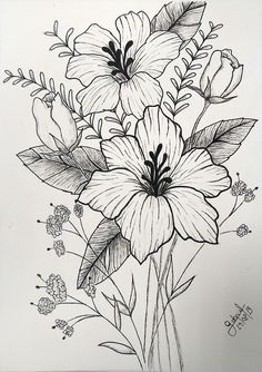 a drawing of flowers with leaves on it