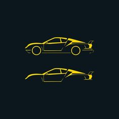 two yellow sports cars side by side on a black background, each with its hood up