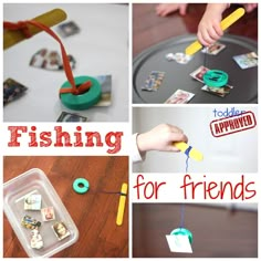 there is a collage of different pictures with words fishing for friends and other activities