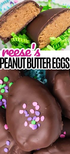 chocolate peanut butter eggs with sprinkles on them and the words reese's