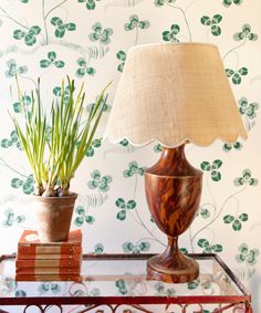 a lamp on a table next to a potted plant and some books in front of a wallpaper