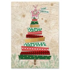 a christmas card with a tree made out of ribbon and a star on the top