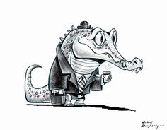 a drawing of a crocodile dressed in a suit and tie holding a cup of coffee