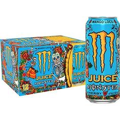 a can and box of juice monster energy