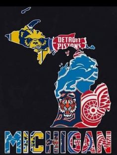 the michigan state is depicted on a black background with red, yellow and blue colors