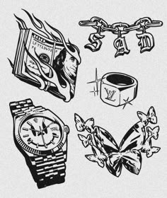 some tattoos that have been drawn on the back of a watch and other things in it