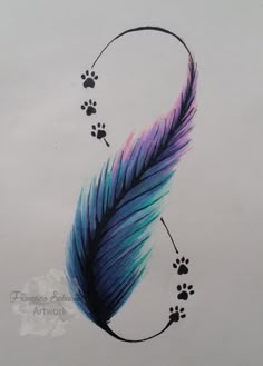 a drawing of a feather with paw prints on it