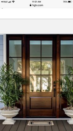 two potted plants sit on the front steps of a house, next to an entry door