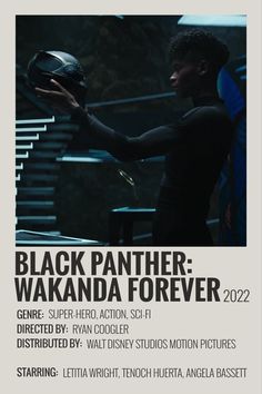 the poster for black panther wakanda forever, featuring a man holding a helmet