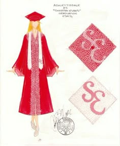 a drawing of a woman in red graduation gown and hat with the number 33 on it