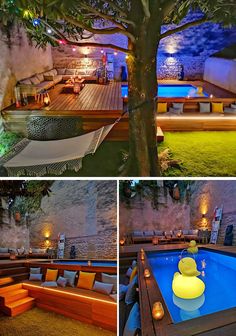 this is an outdoor pool and patio area with lights on the trees, couches and tables