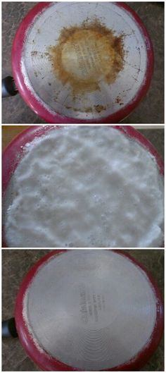 three pictures show the process of cooking rice in a red skillet, and then showing how to cook it