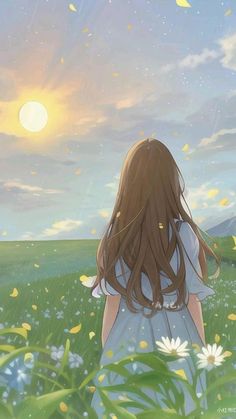 a girl in a field with daisies looking at the sky