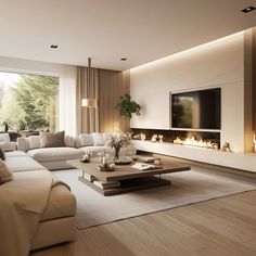 Beige Living Room Fireplace, Design Open Space Living Room, Relaxed Luxury Interior, Beige Living Room With Fireplace, Modern Beige Interior, Modern Living Area Design Interiors, Modern Warm Home Aesthetic, Minimalist Lounge Room, Large Sofas Living Room