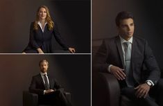 four different shots of a man in a suit and tie sitting on a brown chair