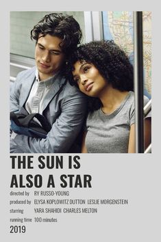 a man and woman sitting next to each other on a subway train with the words, the sun is also a star