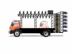 an orange truck is parked in front of a white background with birds on the roof