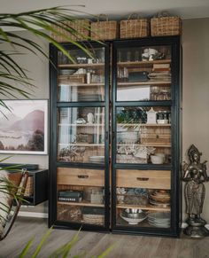 an open cabinet with baskets and dishes in the bottom shelf is next to a potted plant