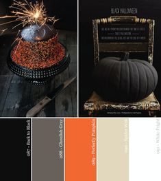 an orange and black color scheme with pumpkins, sparklers, and other items