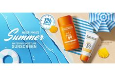 sunscreen on the beach next to an umbrella and sunblocker with text that reads must - haves summer watering moisture sunscreen