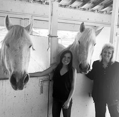 black and white photograph of two women standing next to horses in an enclosed area with their heads sticking out