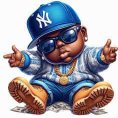 a drawing of a baby wearing a baseball cap and sunglasses sitting on top of money