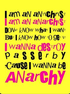 i am an anarchy poster with pink and black letters on yellow background, in the style of andy smith