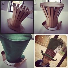 four pictures of different hats made out of wooden sticks and paper machs, including one with a top hat on it