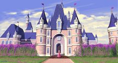 a digital painting of a pink castle with purple flowers in the foreground and a path leading to it