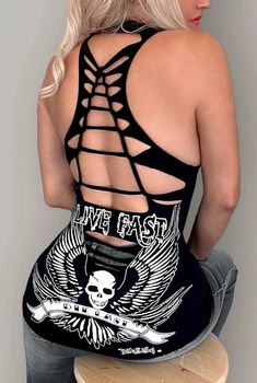 Live Fast Racerback Tank Brand: Demi Loon CHOOSE Front option: No Slash Half Slash Full Slash Details: 95% Cotton 5% Spandex- Soft and Stretchy! Our original Live Fast Graphics From our hands to your closet! from Redondo Beach, CA Description: Sexy racerback tank top with skull wings tattoo graphic. "Live Fast Die Last" Original Graphics with slashed neckline. Sizing: XS: 32-33" Bust Small: Bust 34-35" Medium: Bust 36-37" Large: Bust 38-39" XL: Bust 40-41" 2x: Bust 42-43" *Model 35" bust. 5'5" t Edgy Backless Stretch Top, Edgy Stretch Backless Top, Edgy Club Tank Top, Black Edgy Distressed Tank Top, Edgy Black Stretch Tank Top, Black Stretch Edgy Tank Top, Black Distressed Edgy Tank Top, Edgy Black Workout Tank Top, Edgy Black Tank Top For Workout