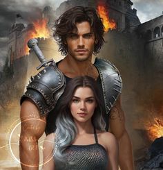 a man and woman standing next to each other in front of a castle on fire