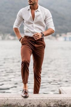 Dress Shirt And Chinos Men, Brown Chinos Men Outfits, Rajasthan Photoshoot, Office Wear Mens, Pants For Wedding, Men Wedding Attire Guest, Formal Trousers For Men, Collared Shirt Outfits, Formal Wedding Guest Attire