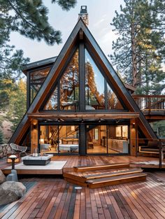 Rustic Home Exterior: A-Frame House with Expansive Deck Small Chalet, Rustic Home Exterior, Chalet House, Modern A Frame, A Frame Cabin, A Frame House, Cabin In The Woods, Modern Cabin