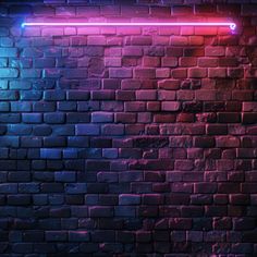 a brick wall with a neon sign on it in the middle and blue light coming from behind