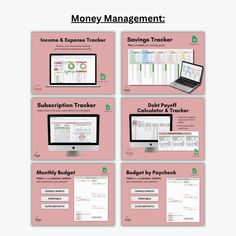 four different types of computer screens with the words money management written on each screen and below them