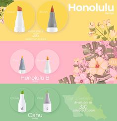 three different types of toothbrushes with flowers and leaves on the bottom one is labeled honolu