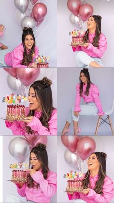 a collage of photos showing a woman holding a cake with candles and balloons in front of her face