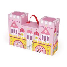 a pink princess castle shaped box with a red handle