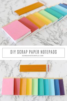 the diy scrap paper notebooks are lined up with colored pencils