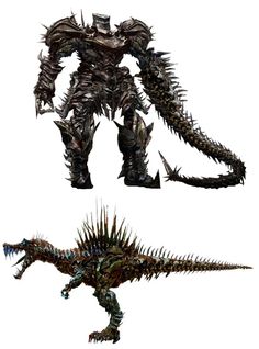 some type of creature with spikes on it's back and side legs, standing next to each other