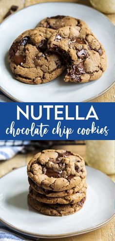 chocolate chip cookies stacked on top of each other with the words nutella above them