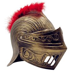 an ancient roman helmet with red feathers on the top and sides, isolated against a white background