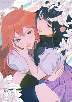 two anime characters hugging each other with flowers in the background