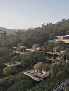 a group of huts sitting on top of a lush green hillside covered in trees and bushes