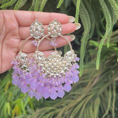 Beautiful Earrings For Wedding, Purple Jewellery Indian, Lavender Earrings Indian, Purple Jhumka Earrings, Lavender Lehenga Jewellery, Purple Earrings Indian, Earrings Aesthetic Indian, Jhumka Earrings Aesthetic, Indian Earrings Aesthetic