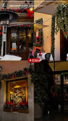 two pictures of the outside of a restaurant with christmas decorations