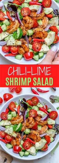 grilled shrimp salad with cucumbers, tomatoes and onions on a white plate