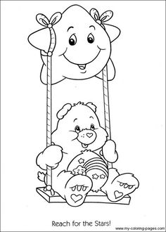 a coloring page with a teddy bear on a swing and the words reach for the stars