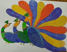 a drawing of two peacocks with colorful feathers