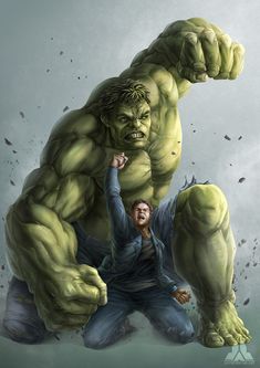 the incredible hulk is being chased by another man in front of an angry looking creature